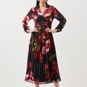 Karen Millen Pleated Georgette Midi Dress (Black, Pink. Green and Red)